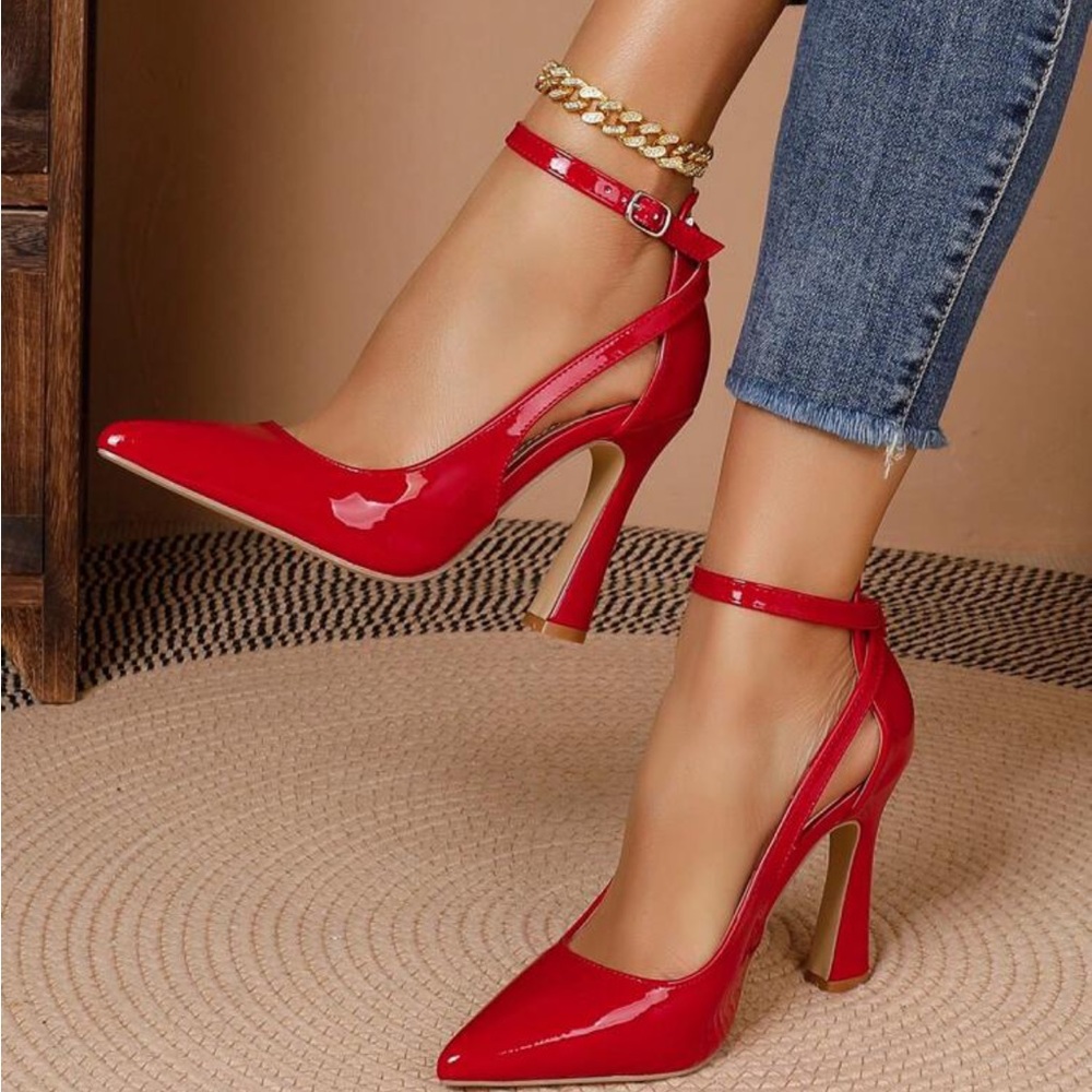 Rebellious Rose Red Patent Pointed-Toe Ankle-Strap Pumps